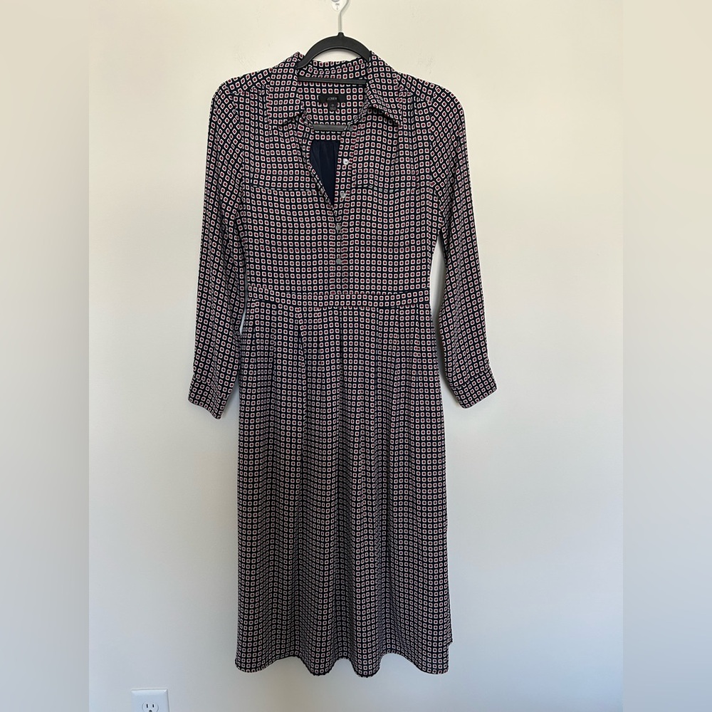 J. Crew Button Front Dress Navy Red Geometric Print 0 Collared Midi Side Zip